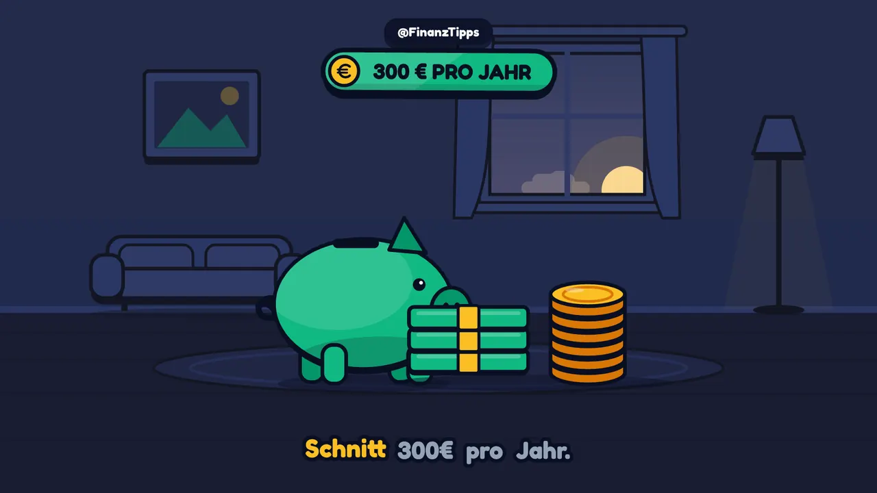 Longform 16:9: Sparschwein mit Geldscheinen und Münzstapel im Wohnzimmer